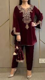 Neck Embroidery work Velvet Kurti Pant Set (Stitched) - Image 3