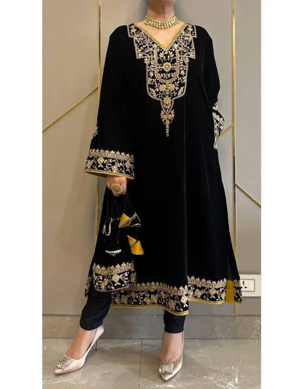 Luxnetics Sequence Embroidery Work Velvet Kurti Pant Set