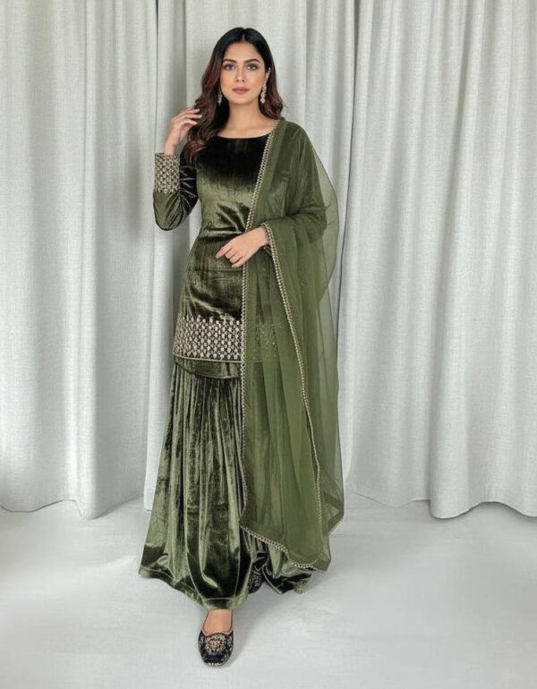 Luxnetics Ready Wear Velvet Kurti Sharara Dupatta Set
