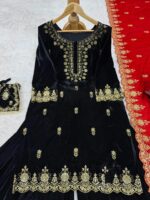Luxnetics Fine Velvet Golden Thread Embroidery work Velvet Kurti Sharara - Image 5