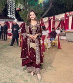 Luxnetics Designer Embroidery Work Velvet Kurti Pant Dupatta Set (Ready to Wear) - Image 5