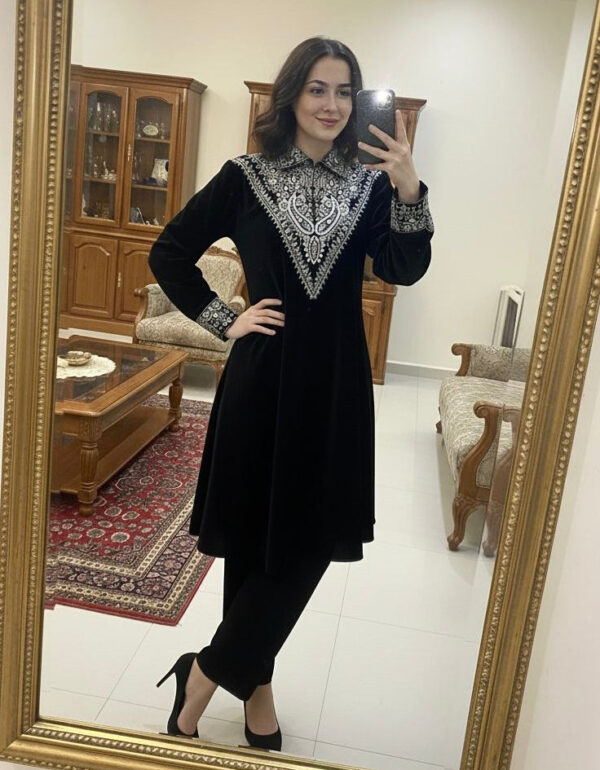 Neck Sequence Embroidery Work with Collar Velvet Cord Set