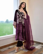 Winter Special Embroidery kodi work Velvet Kurti Pant Dupatta Set - Image 4