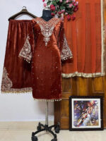 Luxnetics Embroidery Work Winter Wear Velvet Kurti Pant Dupatta Set - Image 8