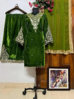 Luxnetics Embroidery Work Winter Wear Velvet Kurti Pant Dupatta Set - Image 5