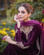 Winter Wear Premium Embroided Velvet Kurti Pant Dupatta set (Stitched) - Image 2