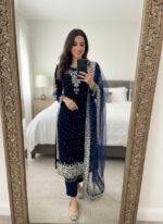 Luxnetics Moti Work Designer Ready to Wear Velvet Kurti Pant Dupatta Set - Image 3