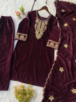 Luxnetics Originals Velvet Designer Party Ready Wear Kurti Pant Dupatta Set - Image 6