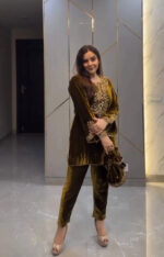 Neck Embroidery work Velvet Kurti Pant Set (Stitched) - Image 4