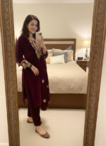 Luxnetics Originals Velvet Designer Party Ready Wear Kurti Pant Dupatta Set - Image 3