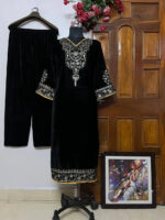 Luxnetics Sequence Embroidery Work Velvet Kurti Pant Set - Image 4