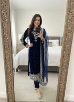 Luxnetics Moti Work Designer Ready to Wear Velvet Kurti Pant Dupatta Set - Image 11