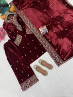 Luxnetics Designer Embroidery Work Velvet Kurti Pant Dupatta Set (Ready to Wear) - Image 6