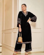Lace work Velvet Kurti Pant Set ( Stitched)