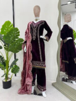Viscose Velvet Premium Thread Embroidery work Designer Velvet Suit - Image 4