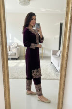 Zari Embroidery Work Ready to Wear Velvet Kurti Pant Set - Image 4