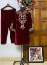 Neck Embroidery work Velvet Kurti Pant Set (Stitched) - Image 10
