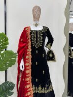 Luxnetics Fine Velvet Golden Thread Embroidery work Velvet Kurti Sharara - Image 2