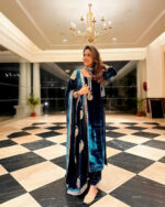 Heavy Embroided Velvet Kurti Pant Dupatta Set (Stitched) - Image 2