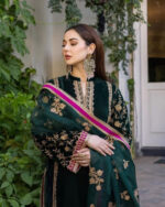 Thread Embroided winter Velvet Kurti Pant Dupatta Set (Stitched) - Image 3