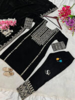 Luxnetics Thread Embroidery work Party Wear Velvet Kurti Pant Dupatta Set (Ready to wear) - Image 2