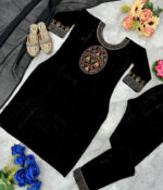 Winter Special Designer Black Velvet Kurti Pant Dupatta Set - Image 4