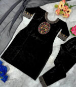 Winter Special Designer Black Velvet Kurti Pant Dupatta Set - Image 5