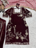 Pure Viscos Heavy Velvet Embroidery Work Velvet Kurti Sharara Set - Image 4