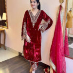 Winter Velvet Embroided Kurti Pant Dupatta Set