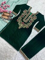 Neck Embroidery Work Winter Wear Velvet Kurti Pant Dupatta Set - Image 2