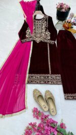 Luxnetics Elegant Thread Embroidery work Ready to wear Velvet Suit - Image 4