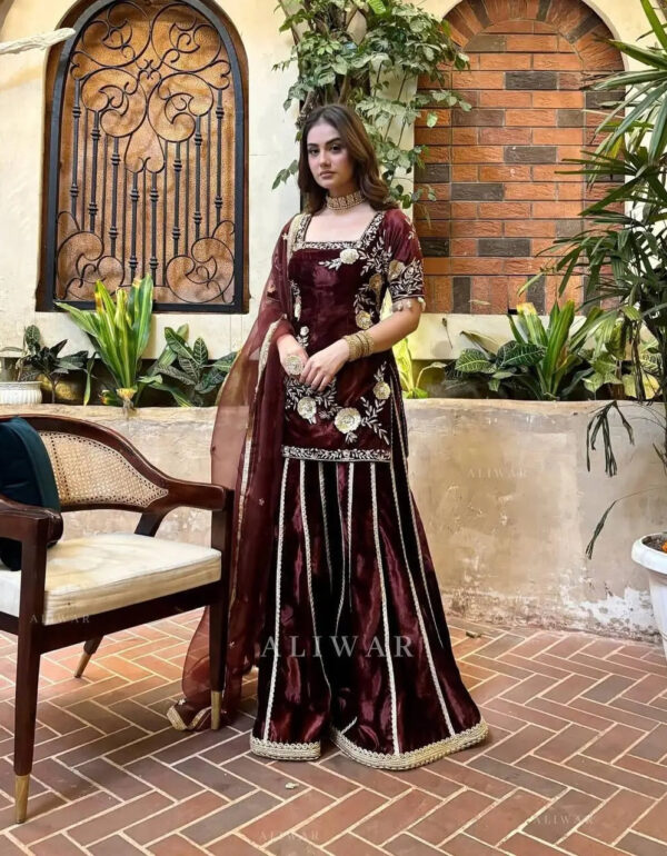 Pure Viscos Heavy Velvet Embroidery Work Velvet Kurti Sharara Set