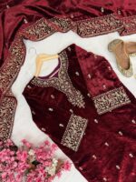 Luxnetics Designer Embroidery Work Velvet Kurti Pant Dupatta Set (Ready to Wear) - Image 7