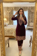 Zari Embroidery Work Ready to Wear Velvet Kurti Pant Set - Image 5