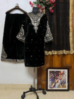 Luxnetics Embroidery Work Winter Wear Velvet Kurti Pant Dupatta Set - Image 2