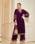 Lace work Velvet Kurti Pant Set ( Stitched) - Image 2