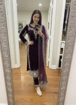 Luxnetics Moti Work Designer Ready to Wear Velvet Kurti Pant Dupatta Set