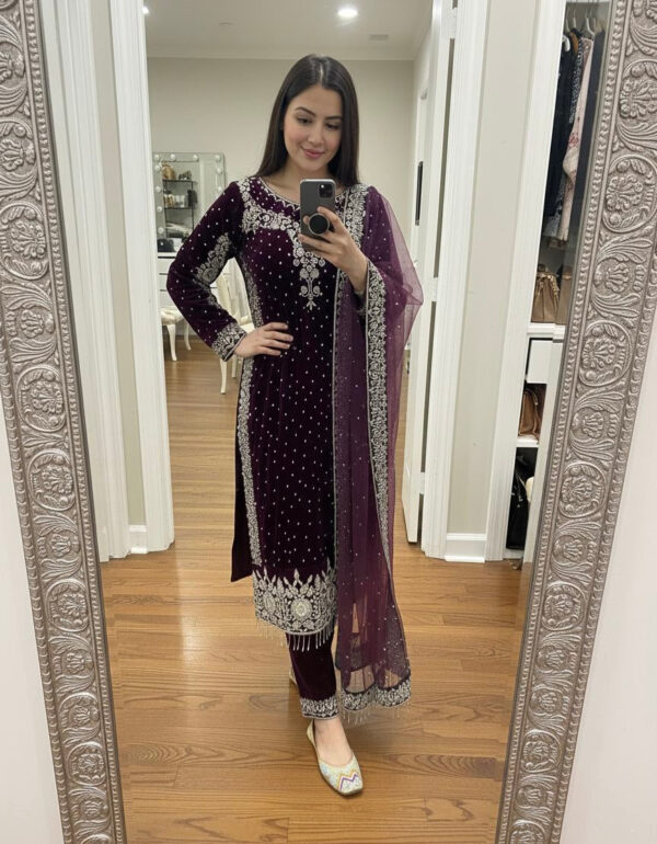 Luxnetics Moti Work Designer Ready to Wear Velvet Kurti Pant Dupatta Set