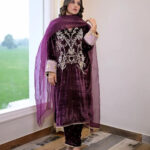 Winter Special Embroidery kodi work Velvet Kurti Pant Dupatta Set