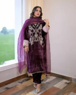 Winter Special Embroidery kodi work Velvet Kurti Pant Dupatta Set