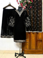 Lace work Velvet Kurti Pant Set ( Stitched) - Image 3