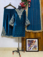 Winter Velvet Embroided Kurti Pant Dupatta Set - Image 8