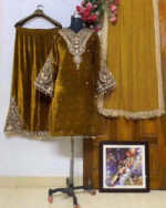 Luxnetics Embroidery Work Winter Wear Velvet Kurti Pant Dupatta Set