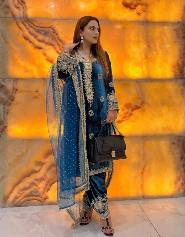 Premium Thread Embroidery work Velvet Kurti Pant Dupatta Set (Stitched)