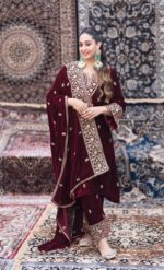 Luxnetics Designer Embroidery Work Velvet Kurti Pant Dupatta Set (Ready to Wear) - Image 4