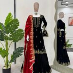 Luxnetics Fine Velvet Golden Thread Embroidery work Velvet Kurti Sharara