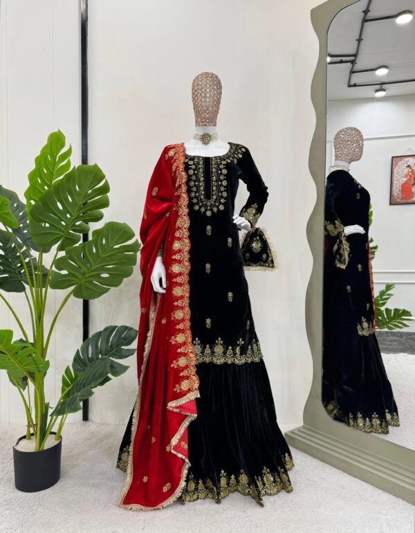 Luxnetics Fine Velvet Golden Thread Embroidery work Velvet Kurti Sharara