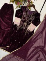 Winter Special Embroidery kodi work Velvet Kurti Pant Dupatta Set - Image 3