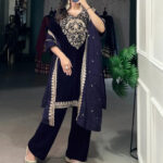 Luxnetics Authentic Sequence Embroidery Work Designer Velvet Kurti Pant Dupatta Set (Ready to Wear)