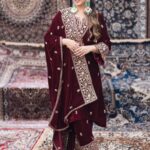 Luxnetics Designer Embroidery Work Velvet Kurti Pant Dupatta Set (Ready to Wear)